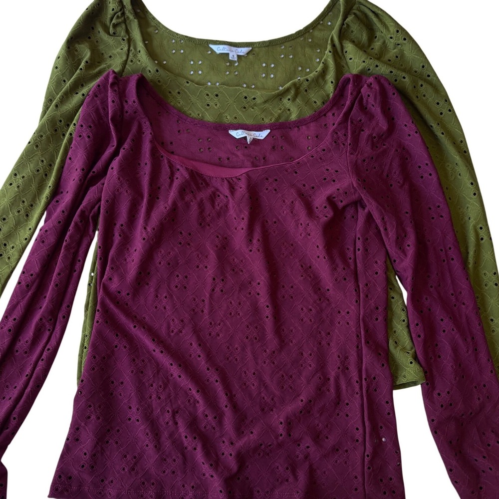 Culture Code Womens Eyelet Long Sleeve Scoop Neck Top 2-Pack Olive Burgundy S‎